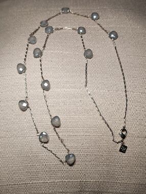 Vintage Banana Republic Long Silver-Tone Necklace with Light Gray Faceted Beads